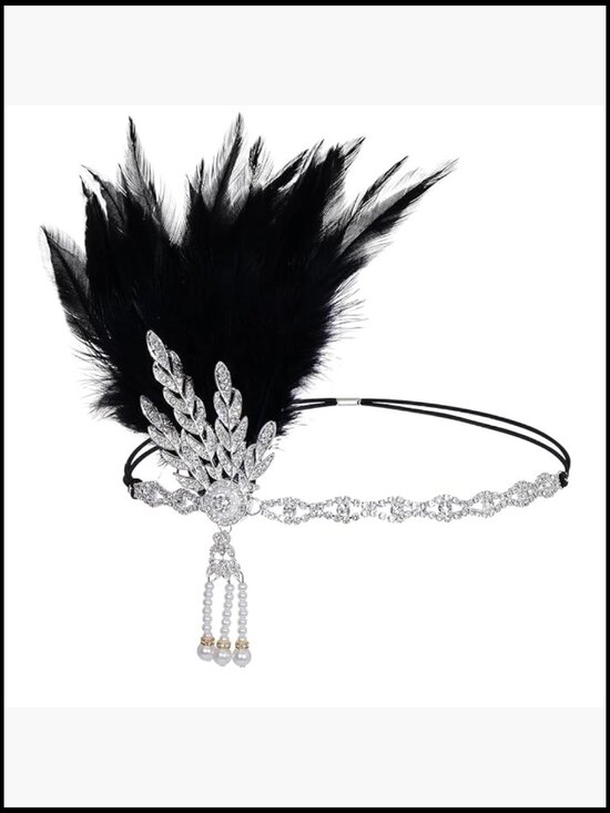 Accessories - Flapper Headband Feather Rhinestone Vintage Chain Roaring 20s Accessory Gatsby